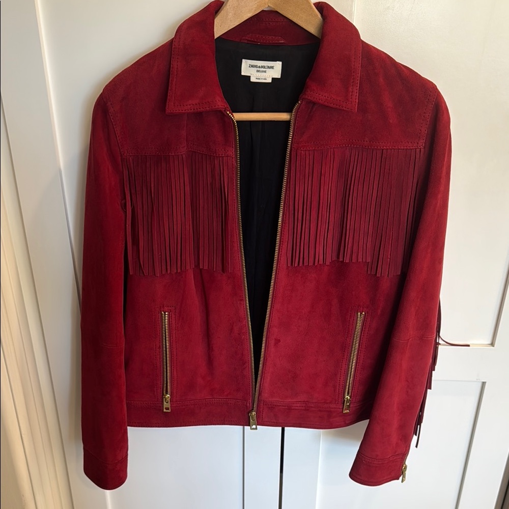 Zadig & Voltaire Deluxe Red Suede Fringe Jacket. Size Small